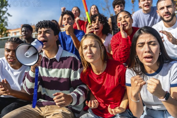 Diverse group of young people gathered for a protest or rally, expressing strong emotions and support, one man speaking passionately into a megaphone while others cheer and chant in excitement