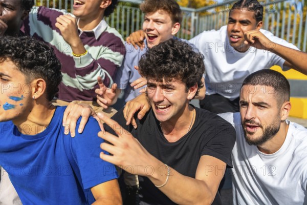 Diverse young male friends are excitedly cheering on their team from stadium stands, showing enthusiastic support and camaraderie during a sports event