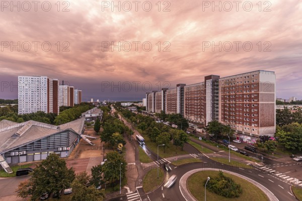 Large residential complex of prefabricated buildings, on the left the windmill skyscrapers in Warnowallee, Rostock Lütten Klein, Mecklenburg-Western Pomerania, Germany