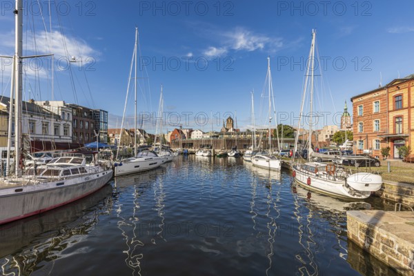 Sailing boats and sailing yachts in the marina of the Hanseatic City of Stralsund, Mecklenburg-Western Pomerania, Germany