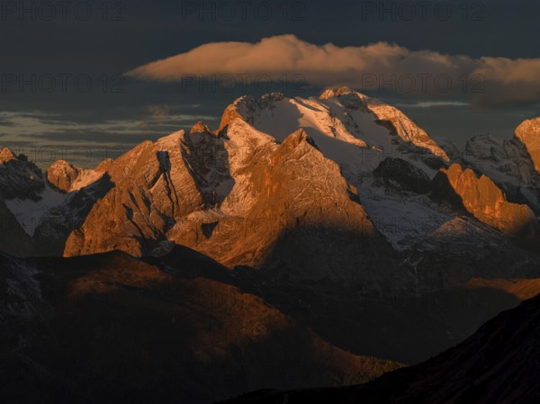 Mountain landscape, morning light, cloud atmosphere, autumn, aerial view, Giau Pass, view of Marmolada, Dolomites, Italy