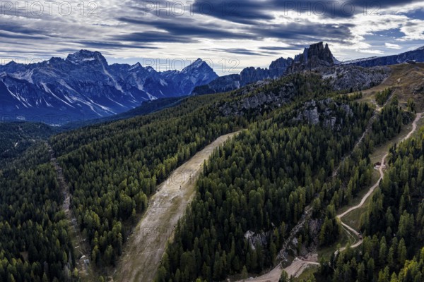 Ski slope, downhill, autumn, tourism, environmental degradation, Cinque Torri Ski Resort, Dolomites, Italy