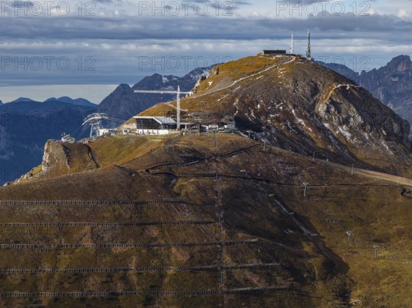 Ski lift, ski hut, mountain station, avalanche protection, construction, autumn, environmental destruction, Sella Ronda ski area, Dolomites, Italy