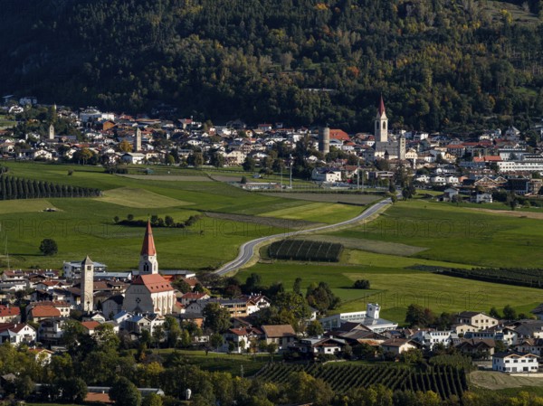 Village, mountain landscape, sunny, autumn, aerial view, Laatsch, view of Glurns, Vinschgau, South Tyrol, Italy