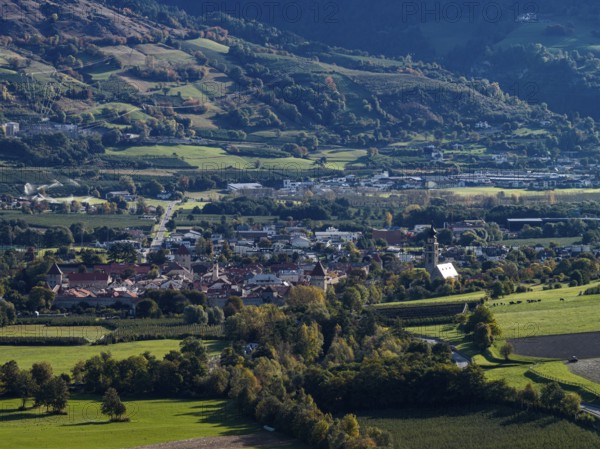 Village, mountain landscape, sunny, autumn, aerial view, Glurns, Vinschgau, South Tyrol, Italy
