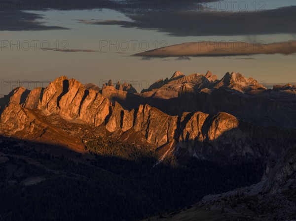 Mountain landscape, morning light, cloud atmosphere, autumn, aerial view, Giau Pass, view of Geisler Group, Dolomites, Italy