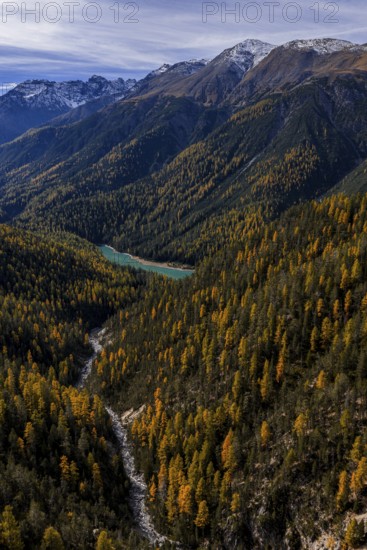 Mountain landscape, wild, untouched, coniferous forest, sunny, riverbed, autumn, larch forest, reservoir, aerial view, Val Müstair, Swiss National Park, Switzerland
