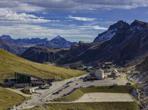 Road, curves, serpentines, pass road, pass, hotel, parking, autumn, sunny, Pordoi Pass, Dolomites, Italy