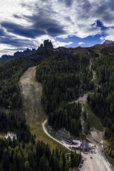 Ski slope, downhill, autumn, tourism, environmental degradation, Cinque Torri Ski Resort, Dolomites, Italy