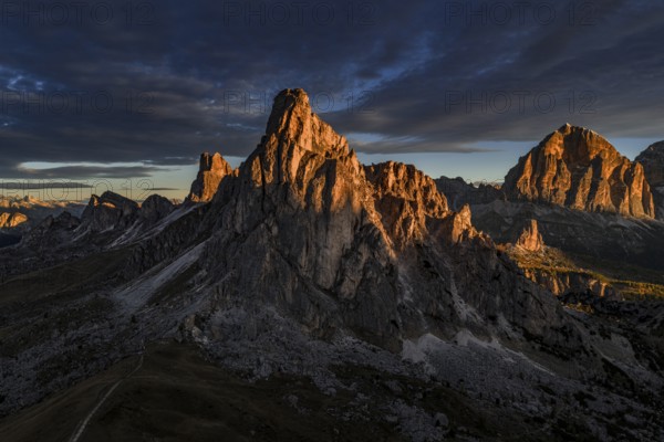 Mountain landscape, morning light, cloud atmosphere, autumn, aerial view, Giau Pass, view of Tofana Group, Dolomites, Italy