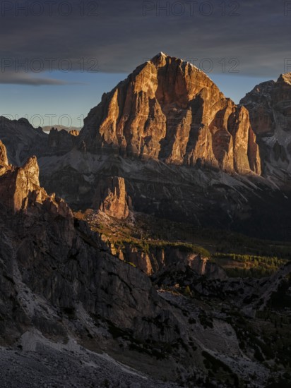 Mountain landscape, morning light, cloud atmosphere, autumn, aerial view, Giau Pass, view of Tofana Group, Dolomites, Italy