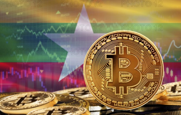 Investors in cryptocurrency and Blockchain Technology in Myanmar, Concept. Bitcoin with Myanmar flag in the background