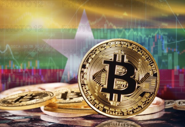 Bitcoin with Myanmar flag in the background. Investors in cryptocurrency and Blockchain Technology in Myanmar, Concept