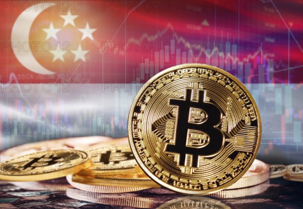 Bitcoin with Singapore flag in the background. Investors in cryptocurrency and Blockchain Technology in Singapore, Concept