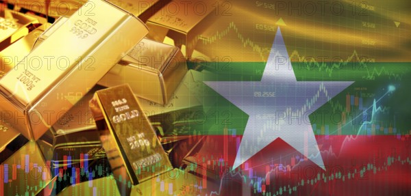 Gold bars stacked on Burmese flag. Myanmar gold reserves, Concept