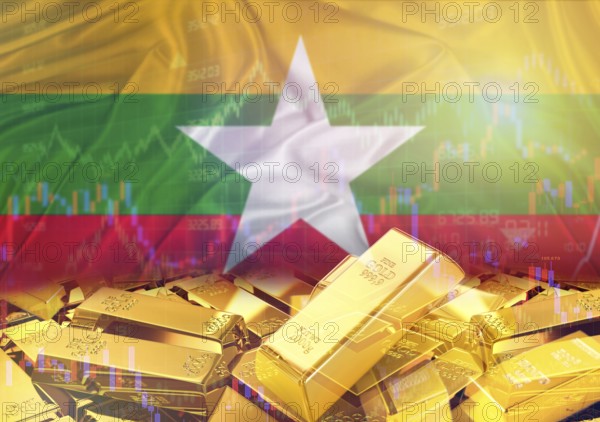 Gold bars on Myanmar flag in background. Gold bars stacked on Burmese flag. Concept of Myanmar gold reserves