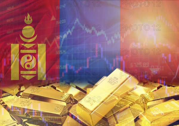 Gold bars on Mongolia flag in background. Gold bars stacked on Mongolian flag. Concept of Mongolia gold reserves