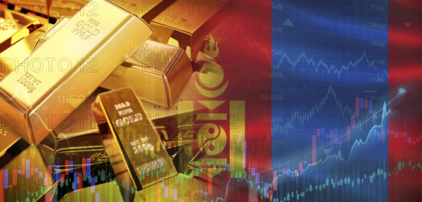 Gold bars stacked on Mongolian flag. Mongolia gold reserves, Concept