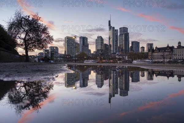 Frankfurt's banking skyline is reflected in a puddle in the evening, Frankfurt am Main, Hesse, Germany