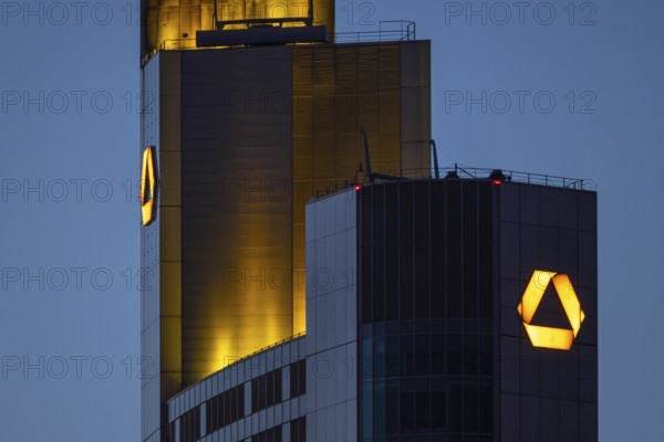 The top of the Commerzbank Tower in Fankfurt am Main glows in the evening, Frankfurt am Main, Hesse, Germany