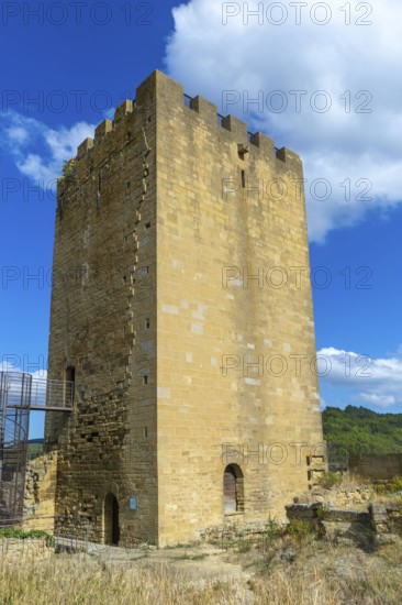 Castle tower in medieval village of Uncastillo, Cinco Villas, Zaragoza province, Aragon, Spain
