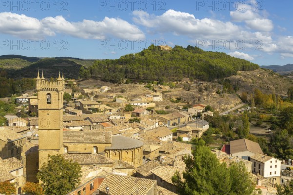 Church tower and rooftops of medieval village of Uncastillo, Cinco Villas, Zaragoza province, Aragon, Spain