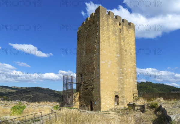 Castle tower in medieval village of Uncastillo, Cinco Villas, Zaragoza province, Aragon, Spain