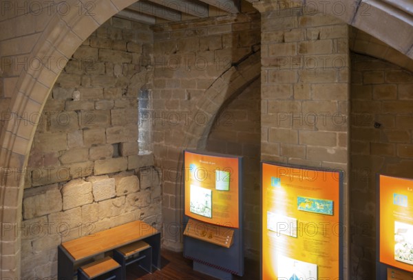 Information display inside Castle tower, medieval village of Uncastillo, Cinco Villas, Zaragoza province, Aragon, Spain