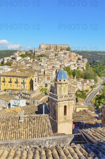 Elevated view of the church of Santa Maria dell'Itria and Ragusa Ibla in the distance, Ragusa Ibla, Ragusa province, Sicily, Italy