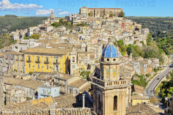 Elevated view of the church of Santa Maria dell'Itria and Ragusa Ibla in the distance, Ragusa Ibla, Ragusa province, Sicily, Italy