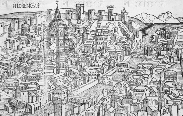 Old town of Florence or Florencia with river Arno, Florence Cathedral or Duomo di Firenze, detail woodcut from: Schedel's World Chronicle, Hartmann Schedel 1493