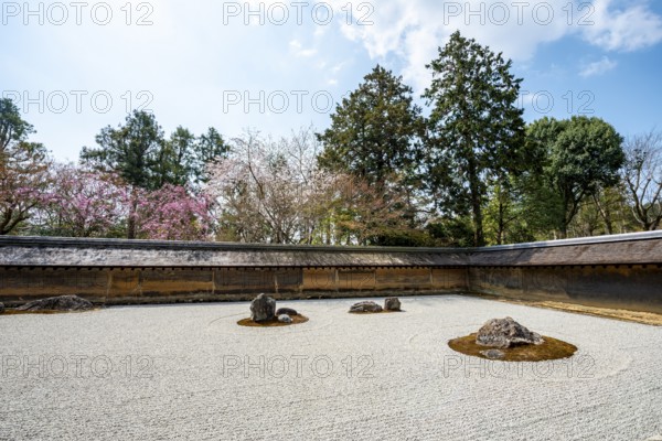 Kare-san-sui Japanese rock garden, Hojo Teien in Ryoan-ji, Zen Buddhist temple complex, in spring, Kyoto, Japan