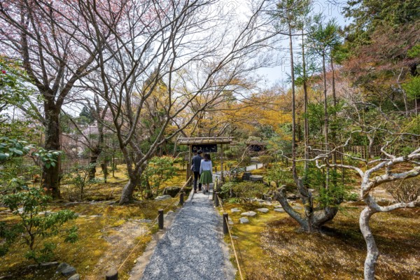 Visitors on a path in the Japanese garden of Ryoan-ji Temple, Zen Buddhist temple complex, in spring, Kyoto, Japan