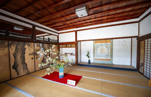 Interior, traditional Japanese architecture with tatami mats, Ninna-ji, Buddhist temple complex, Kyoto, Japan