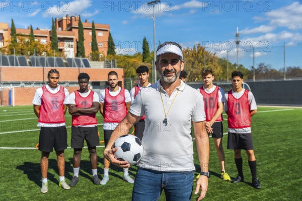 Male coach with a confident smile standing on a football field, holding a soccer ball, with his diverse team of young male players posing behind him under a clear sky
