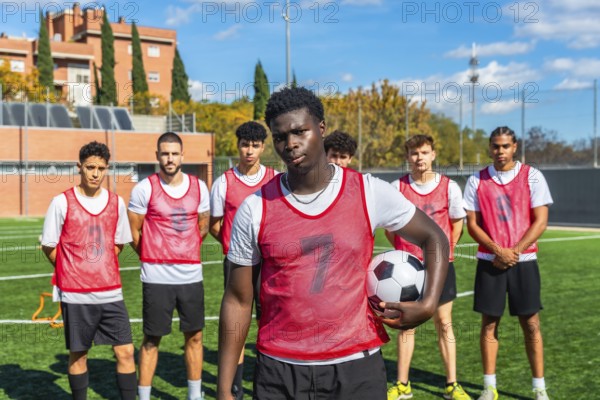 Young multi ethnic men's soccer team in red bibs and white shirts standing on a sunny green pitch, training and posing confidently with one player holding a ball