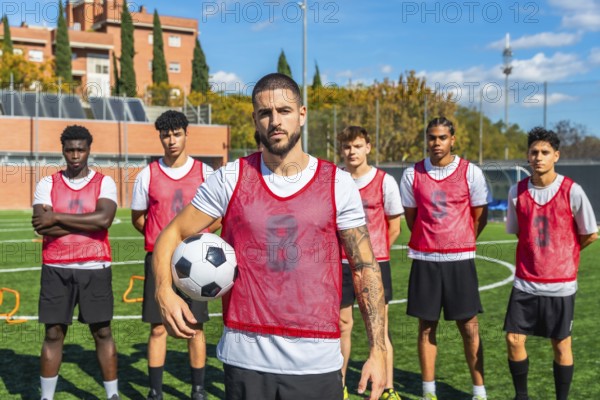 Soccer captain stands with ball on green pitch, leading a diverse, determined team of young male players in training and preparation for competition or practice session