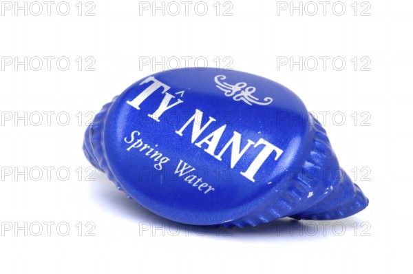 Screw cap of a water bottle, mineral water, Ty Nant, in blue designer bottle, water from Wales, is considered one of the best spring water in the world