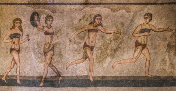 The bikini girls, sportswomen, mosaic floor, late Roman luxury villa from the 3rd - 4th century, Villa Romana del Casale, Piazza Armerina, Sicily