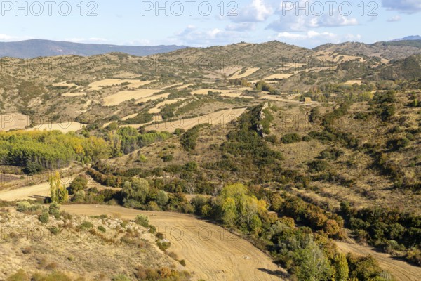 Countryside landscape view east to the Pyrenees Mountains, Sos del Rey Catolico, Cinco Villas district, Zaragoza province, Aragon, Spain