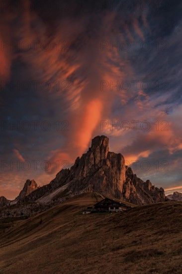 Dawn, clouds, sunrise, mountains, autumn, mountain hut, Giau Pass, Dolomites, Italy
