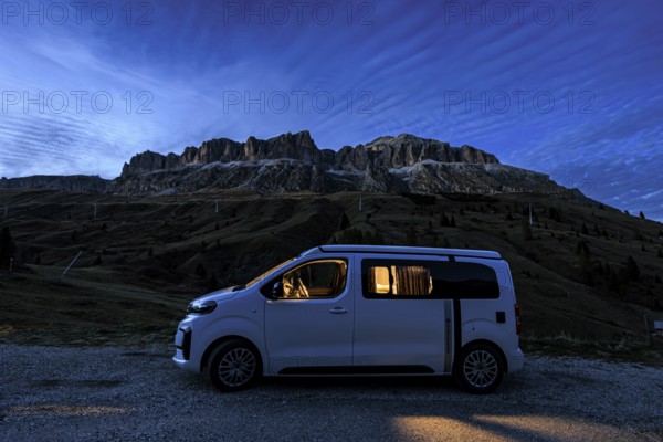Camper, campervan, camperbus, dusk, mountains, blue hour, camping, Sella Group, Dolomites, Italy