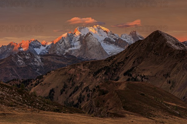 Dawn, clouds, morning mood, mountains, autumn, view of Marmolada, Giau Pass, Dolomites, Italy