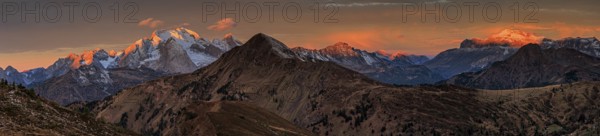 Dawn, clouds, morning mood, mountains, autumn, panorama, view of Marmolada, Giau Pass, Dolomites, Italy