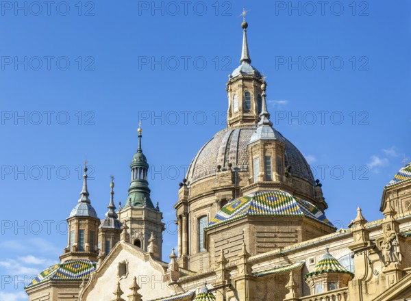Towers and domes on roof of Basilica of Our Lady of the Pillar cathedral church, Zaragoza, Aragon, Spain