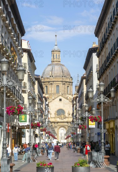 View of Basilica of Our Lady of the Pillar cathedral church from Calle de Alfonso I, Zaragoza, Aragon, Spain