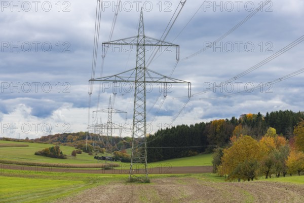 Power poles in a field with autumn-colored trees and cloudy sky, Swabian Jura, Baden-Württemberg, Germany