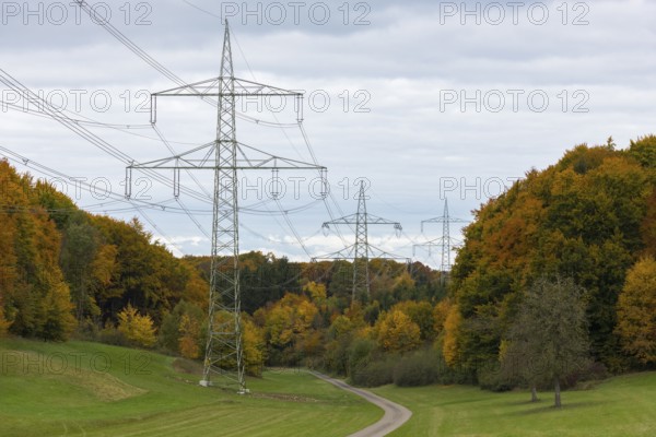 High-voltage lines cross an autumnal forest landscape, small roads lead along the trees, beech, mixed forest, Swabian Alb biosphere reserve, Baden-Württemberg, Germany