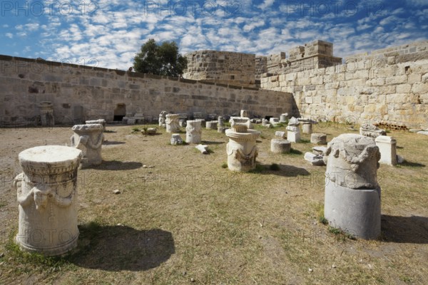 Fragments of columns in the courtyard, inner fortification, bastion, Neratzia fortress, also Nerantzia, castle, first mentioned in 1395, formerly fortress of the Order of St. John, today ruin, city of Kos, island of Kos, Dodecanese islands, Greece, eastern Adriatic, Mediterranean