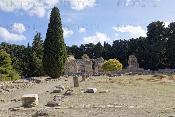Lower terrace, with remains of the colonnades, stoa, living rooms at the back, Asclepieion, Latin Aescupium, three terraces, place of worship of Asclepios, god of healing art, ancient hospital, archaeological excavation 1902-1904, island of Kos, Dodecanese islands, Greece, eastern Adriatic, Mediterranean